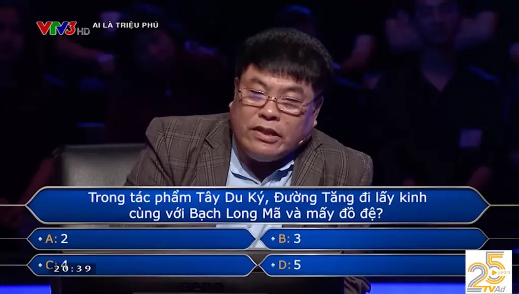 越南《百万富翁》节目西游题选手用求助权答对100万越南盾