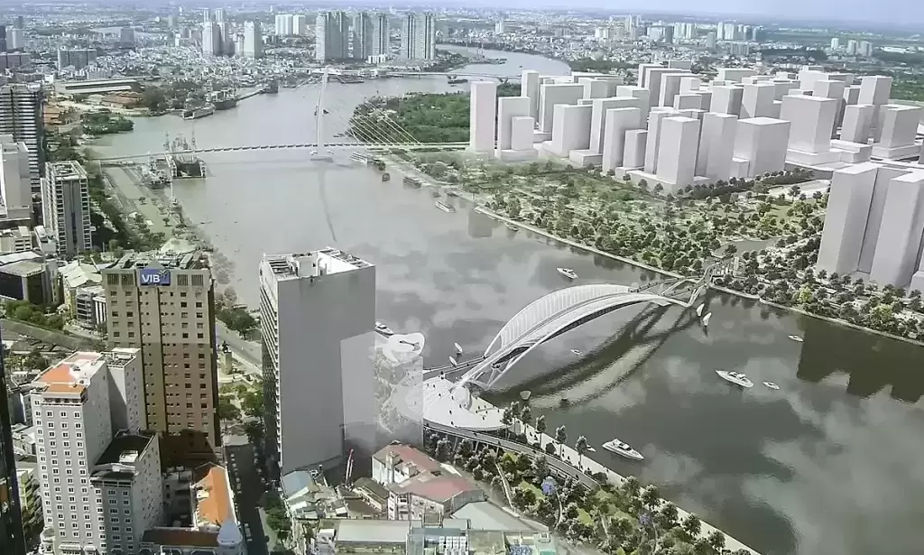 西贡河步行桥主跨钢拱经124公里水路拖抵白藤码头 · 报道配图