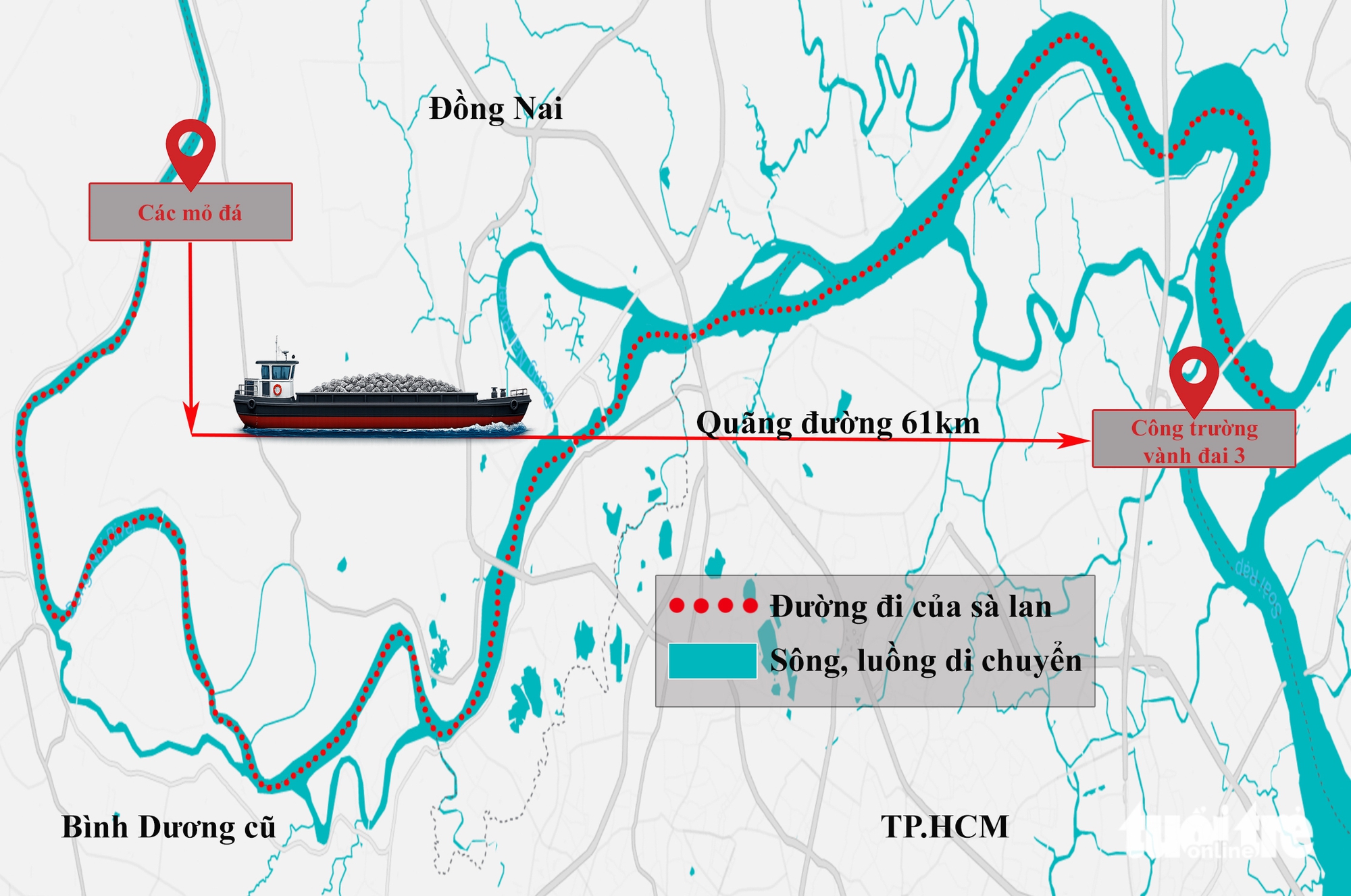 日夜在河上,跟隨駁船在‘熱潮’中將石頭運往胡志明市三環路